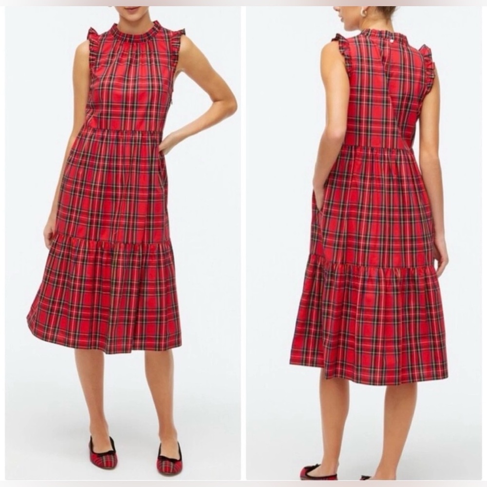J. Crew Women's Factory PetiteTiered Tartan Red Ruffle Midi Dress Size 4